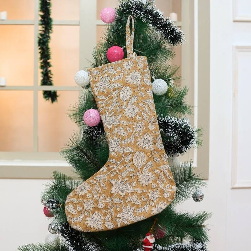 Fabdivine Handmade Floral Christmas Stockings Linen Block Print Décor - 10"X4.5"