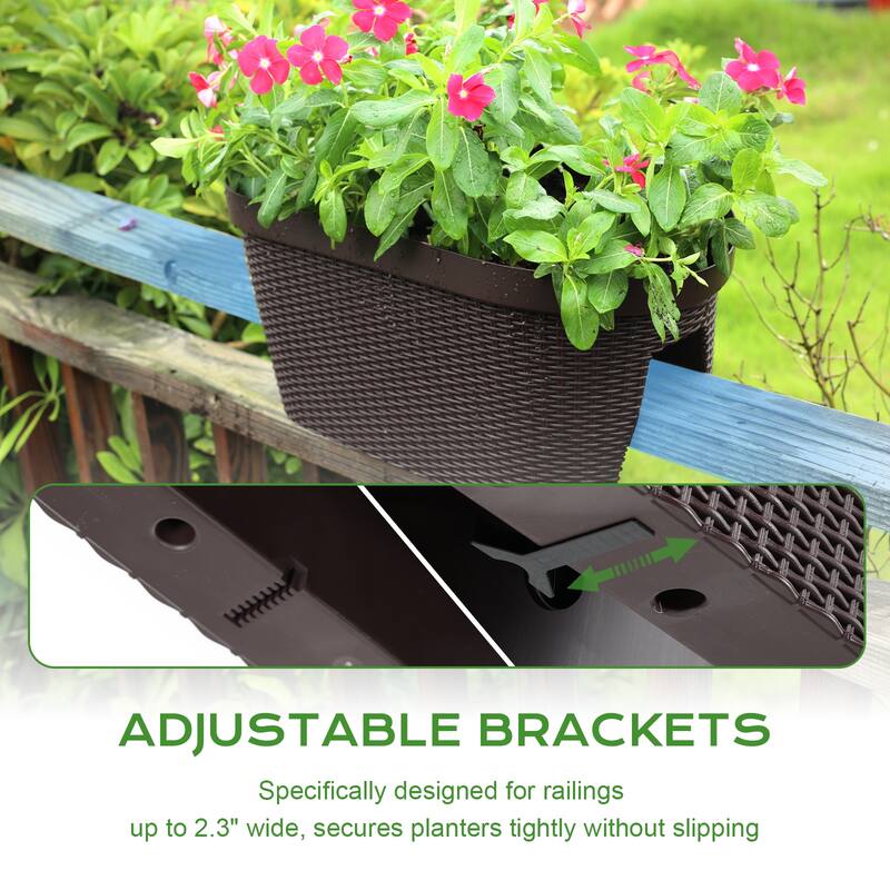 Aoodor 20'' Outdoor Balcony Railing PP Plastic Flower Pots - 4-Piece Set with Two Drainage Holes and Adjustable Brackets