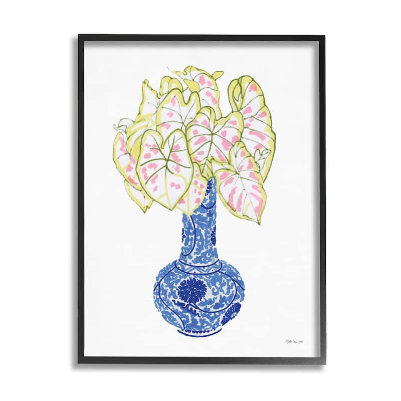 Stupell Chinese Caladium Ginger House Plant Tall Neck Vase Framed Wall Art, Design by Stellar Design Studio - Blue - 16 x 20 - Black