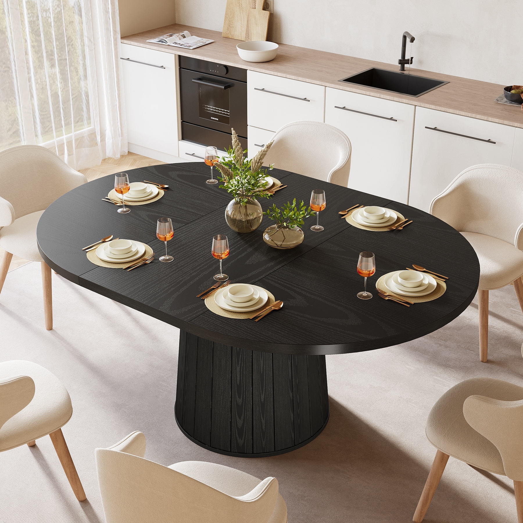 55-Inch Oval Farmhouse Dining Table for 6, Pedestal Base Kitchen Table