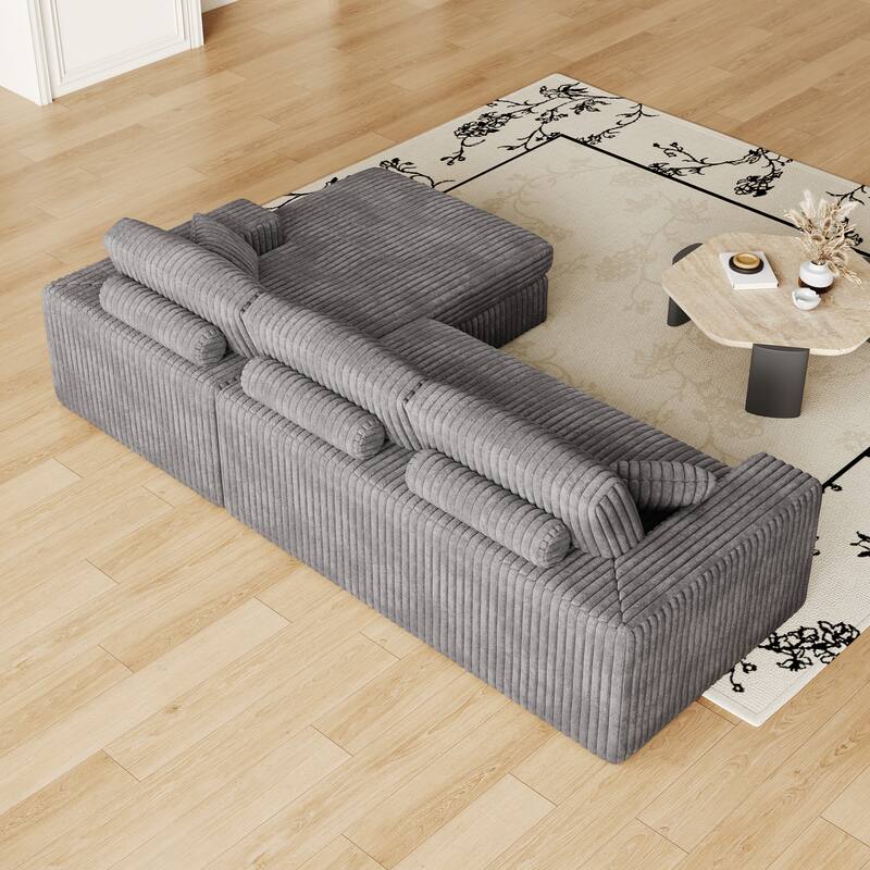 L-Shaped Sectional Sofa with Chaise Lounge, Corduroy Modular Foam Sofa, Upholstered Sofa with 2 Cushion & 2 Throw Pillows