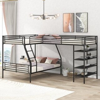 L-Shaped Metal Twin over Full Bunk Bed with Four Built-in Shelves