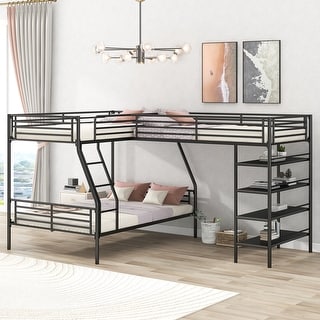 L-Shaped Twin Over Full Bunk Bed and Loft Bed with Shelves, Black