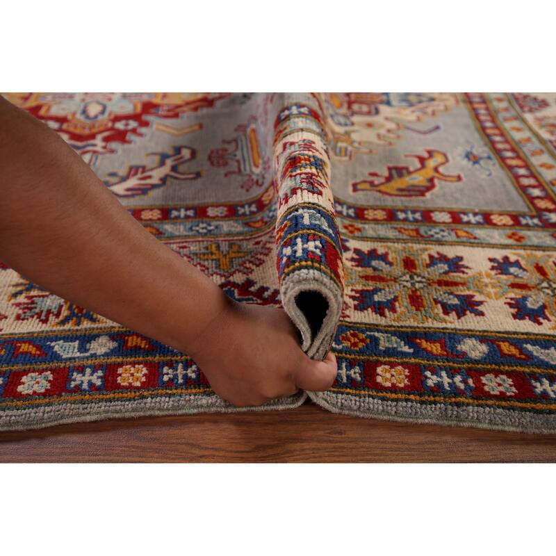 Geometric Kazak Rug Hand-Knotted Grey Traditional Wool Carpet - 5'10" x 8'4"