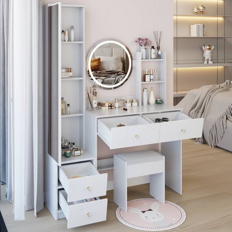 Versatile Vanity Table Set with LED Mirror and Storage - White