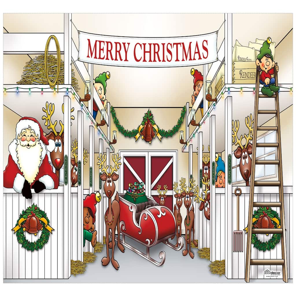 Santa's Merry Christmas Reindeer Barn Single Car Garage Door Banner - 7' x 8' - White