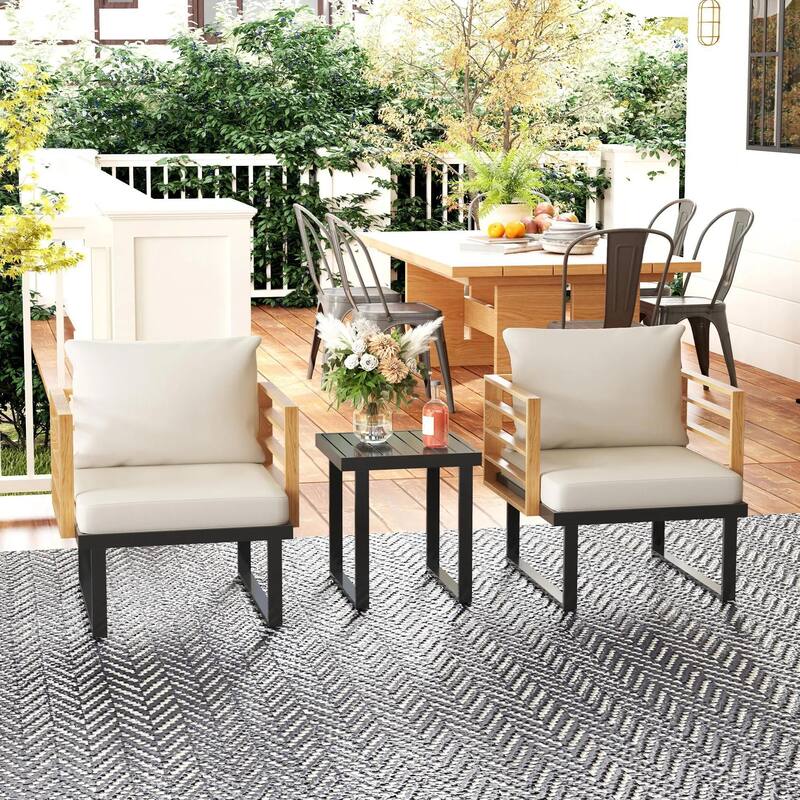 3-Piece Metal Patio Set, Small Cushioned Armchairs, Slatted Table - Beige