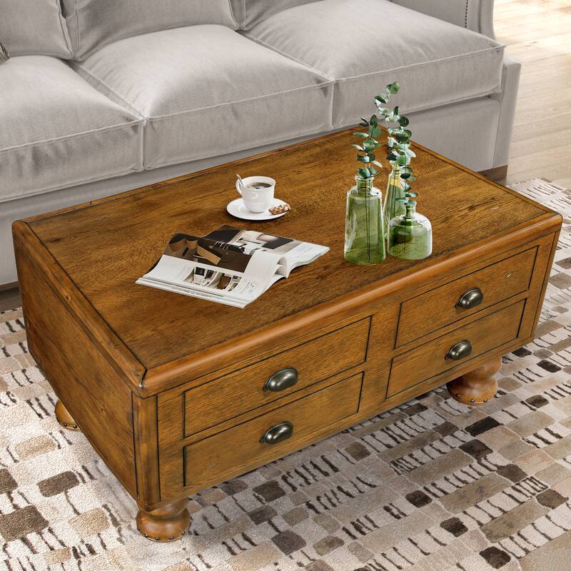 Solid Wood Rectangle Coffee Table with 4 Drawers