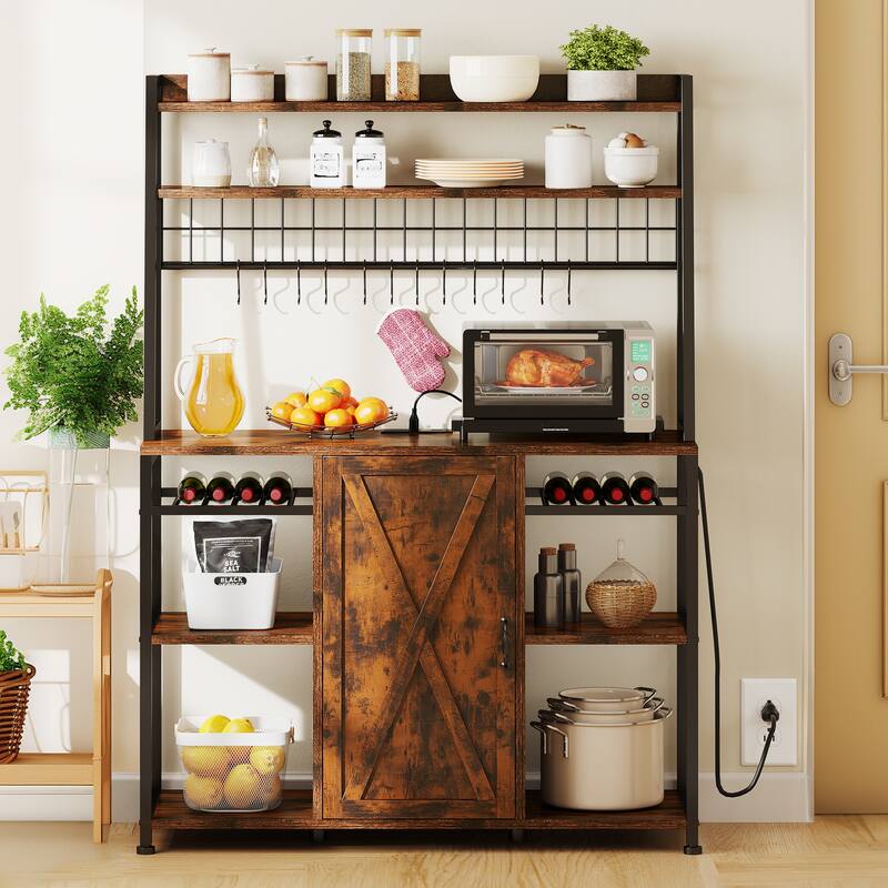Moasis 5-Tier Kitchen Bakers Rack with Power Outlets USB Ports, Microwave Stand with Door and Shelves