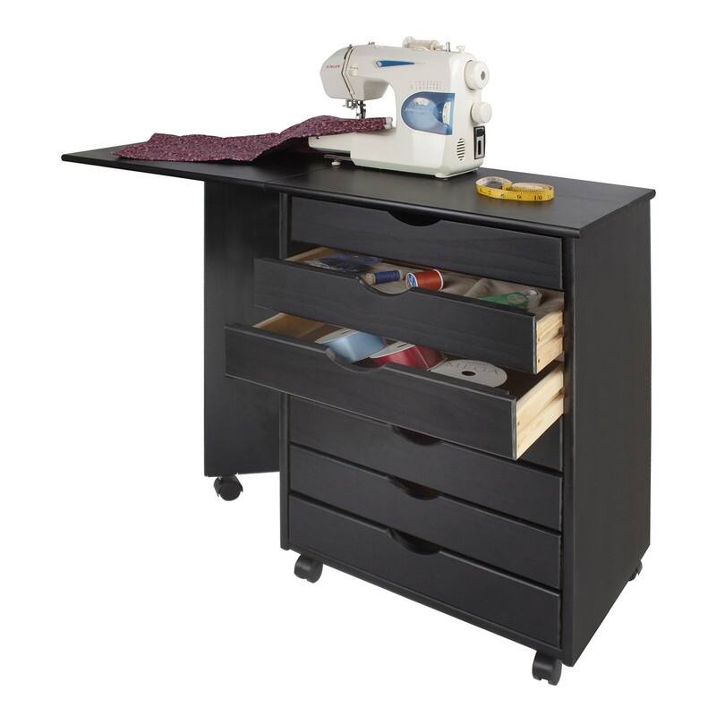Adeptus Original Roll Cart, Solid Wood, 7 Drawer Gate Leg Roll Cart Desk, Extra Wide Drawers, Black