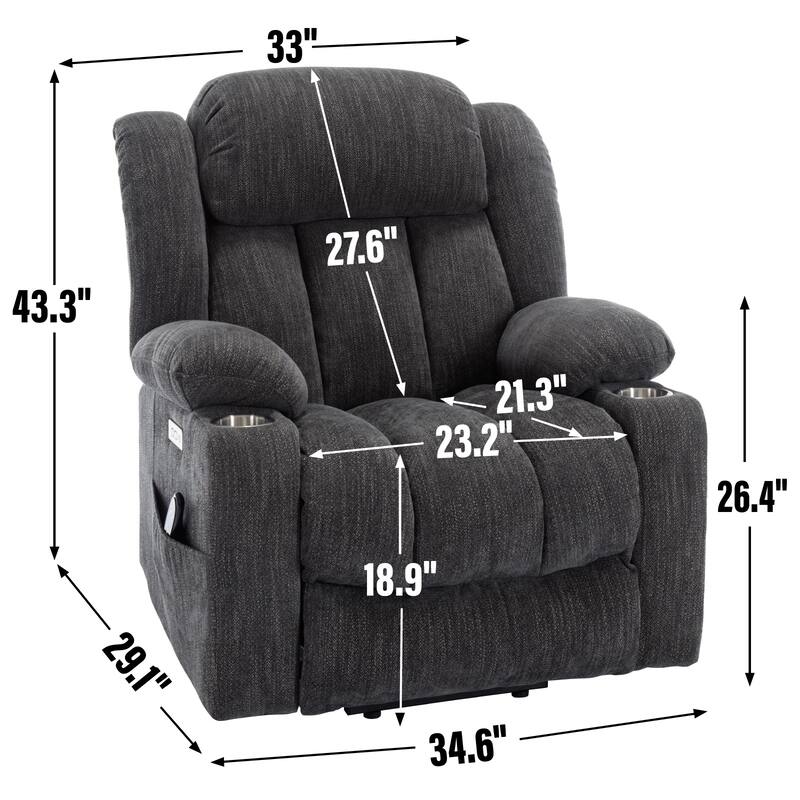 Roomfitters Heavy Duty Power Lift Recliner, Chenille Massage Chair with USB-C Charging and Stainless Cup Holders