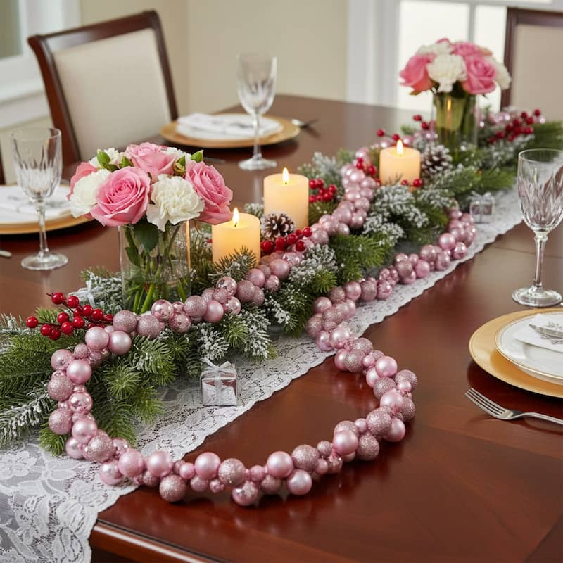 3-Finish Shatterproof Ball Christmas Garland - 6' x 3.5" - Pink - Unlit