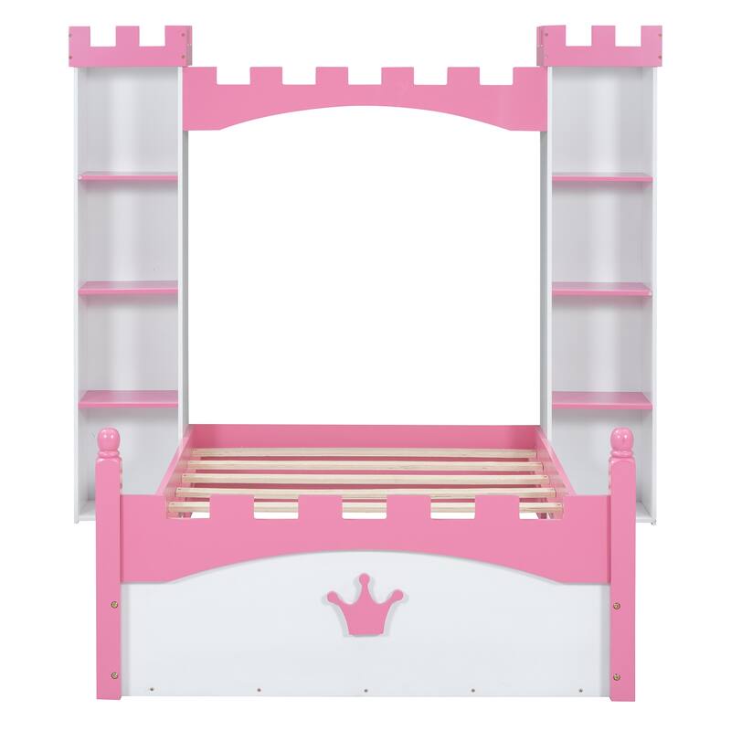 Castle-Shaped Wooden Platform Bed Frame, Kids Dreamy Panel Bed, 2 Storage Cabinets on Both Sides of the Bed