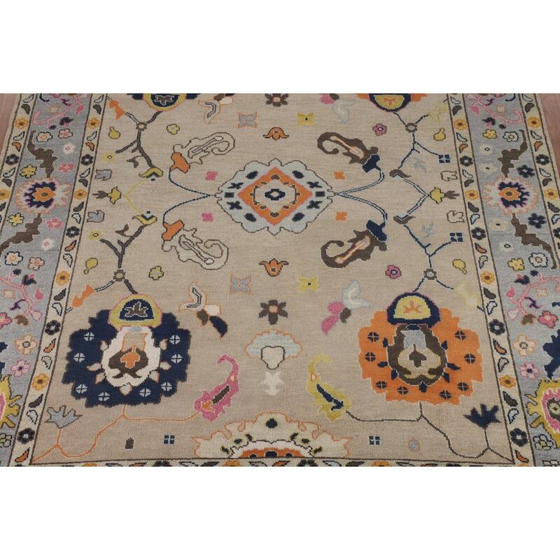 All-Over Floral Beige Oushak Oriental Area Rug Handmade Wool Carpet - 9'1" X 11'9"