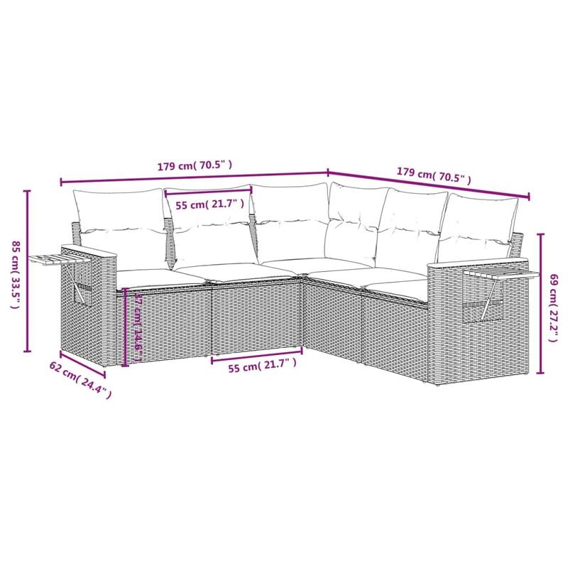 vidaXL Patio Sofa Set with Cushions Outdoor Conversation Furniture Poly Rattan - 24.4 x 33.5 x 27.2 in