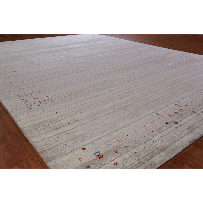 Hand Knotted Oriental 100% Wool Carpet Tribal Stripe Beige & Ivories Gabbeh Area Rug - 12' 7'' X 9' 2''