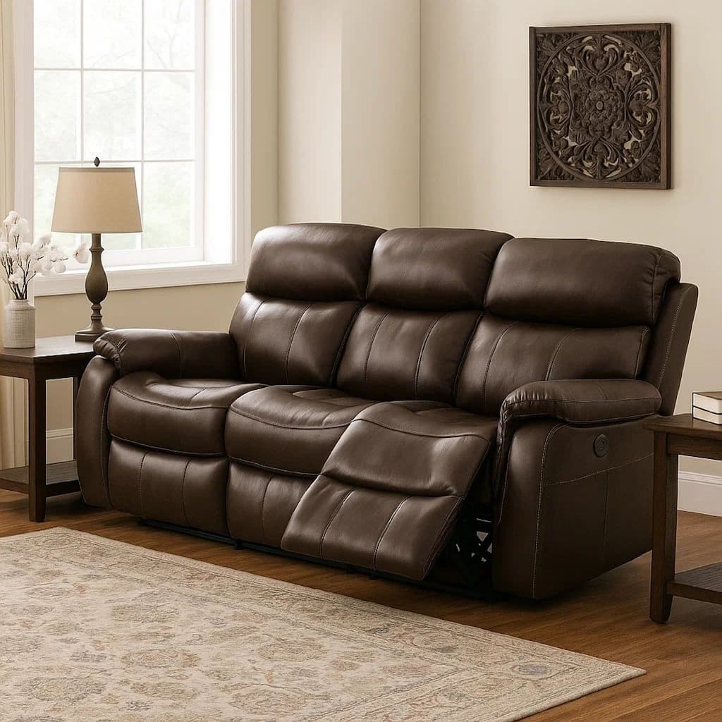 Runy Power Recliner Sofa, Pillowy Brown Top Grain Leather, 86 Inch