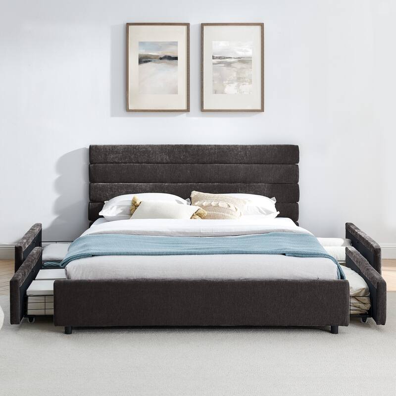Modern Queen Size Upholstered Bed with Drawers, Velvet Fabric, Dark Grey