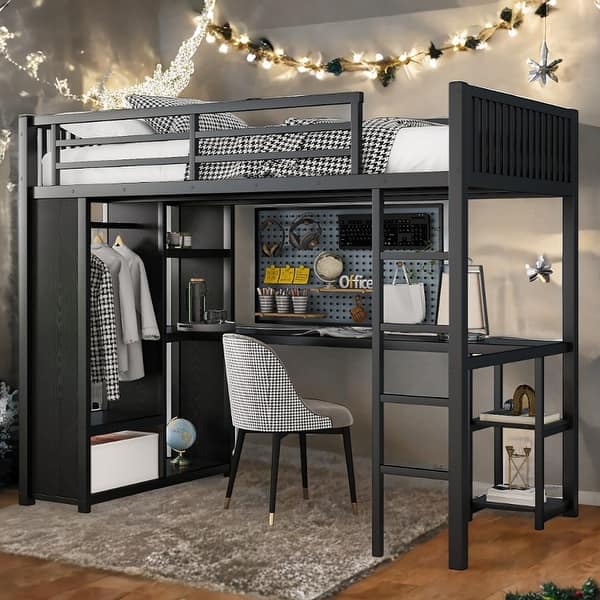 slide 2 of 8, Space-Saving Twin XL Size Loft Bed Metal Frame with Wardrobe Black