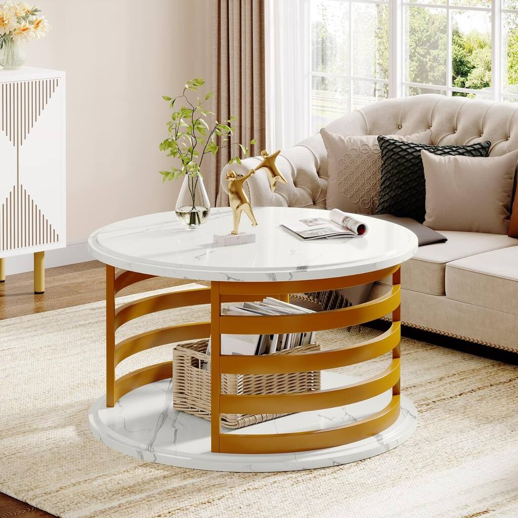 Round Coffee Table, 2-Tier Coffee Tables with White Faux Marble Top