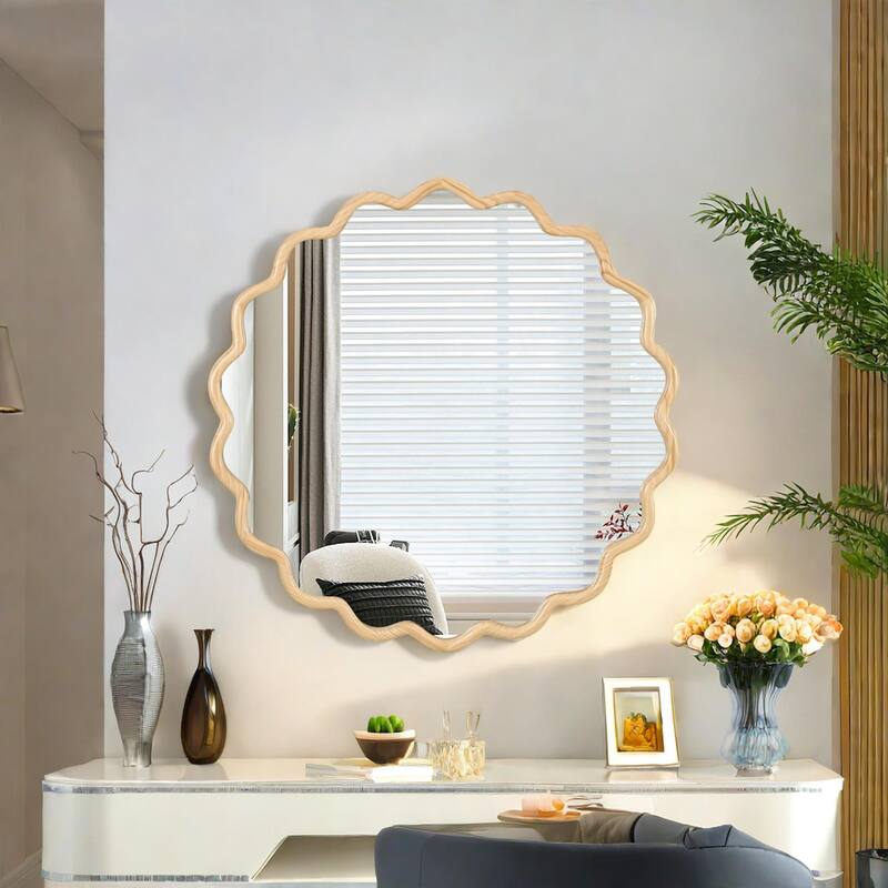 Roomfitters 42" Solid Wood Wavy Mirror, Large Modern Round Wall Decor for Bathroom, Bedroom & Entryway, Natural Wood
