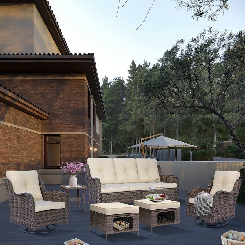 Outdoor Wicker Patio Conversation Seating Sofa Sets with Swivel Chairs - 6 Piece - Cream/Brown Wicker
