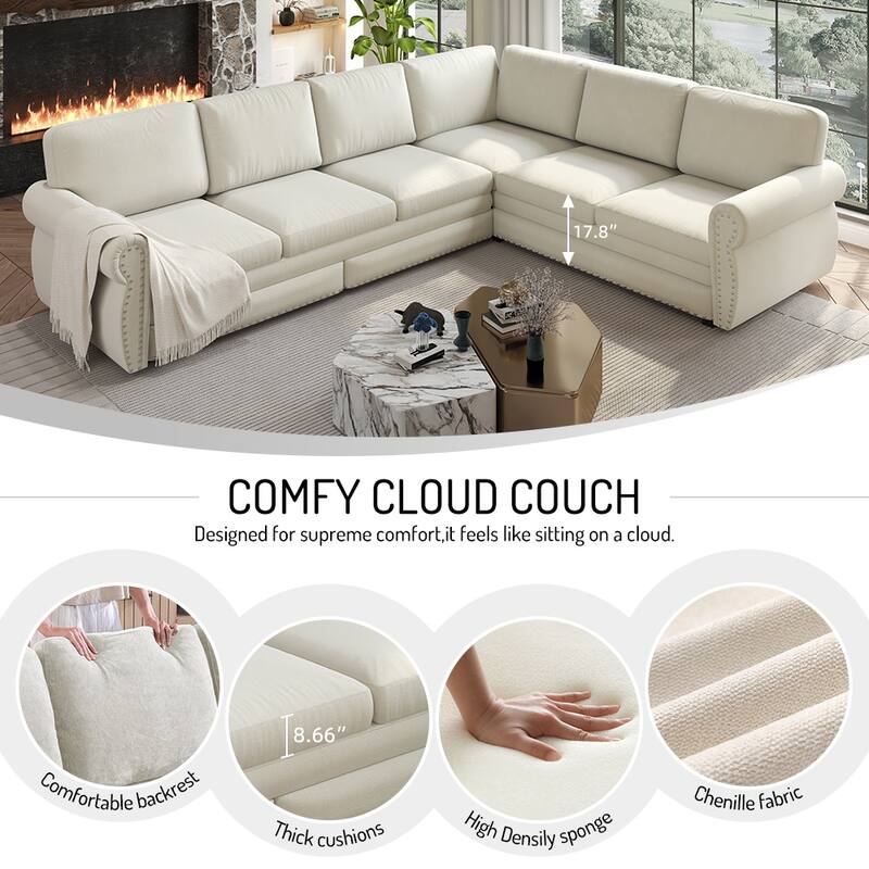Homy Casa L-Shaped Sectional Sofa w/ Pull-Out Bed, Chenille Sleeper Couch w/ Nailhead Trim & Rolled Arm, Oversize