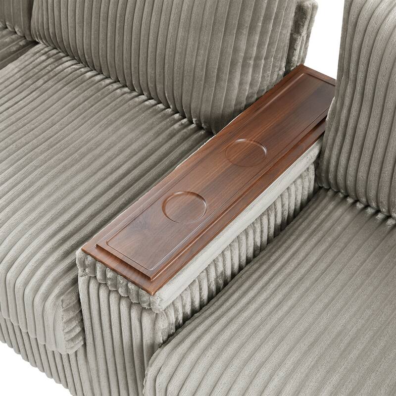 133" Corduroy 4-Seater Sofa with USB Ports, Hidden Storage Arms & Flip-Top Cup Holders