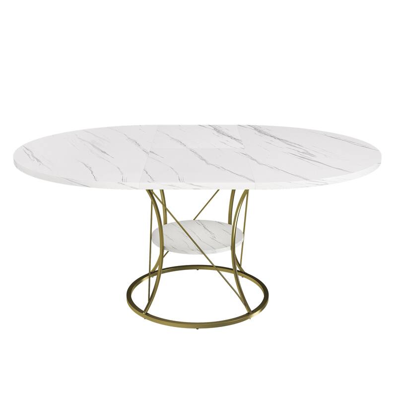 43 to 59 Inch Extendable Round Dining Table for 4-6 - Farmhouse Kitchen Table with Storage Shelf & Metal Base