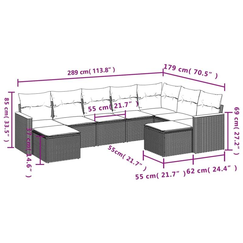 vidaXL Patio Sofa Set with Cushions Outdoor Conversation Furniture Poly Rattan - 24.4 x 24.4 x 27.2 in