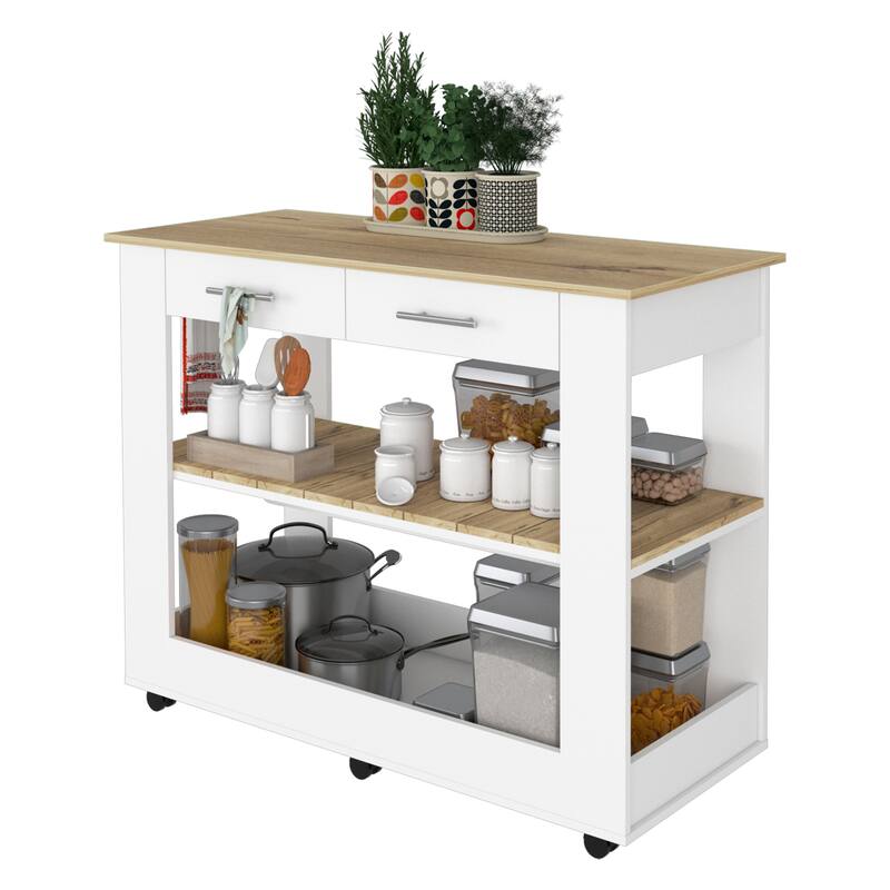 2-Shelf Kitchen Island,Storage Island with 2 Drawers