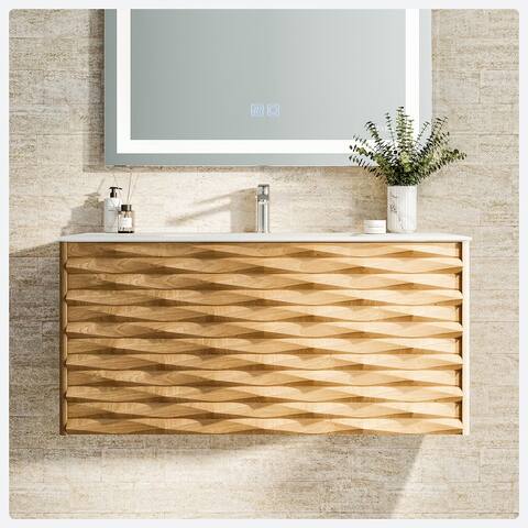 Eviva Oahu 32Inch Wall Mount Solid Oak Vanity with Solid Surface Integrated Sink