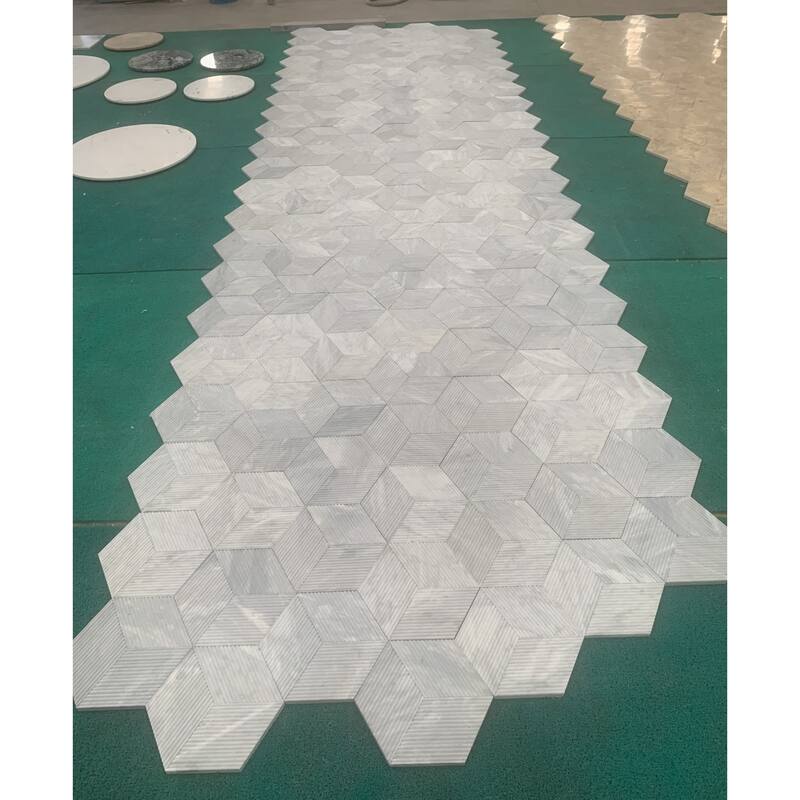 Roomfitters Hexagon Marble Tile for Wall, 3D Fluted OL Textured Natural Stone, Genuine Marble, 12-Piece Box, Carrara Gray