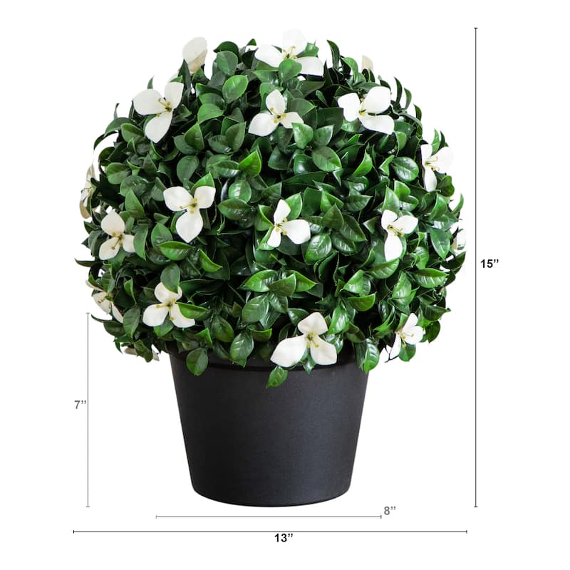 15-in UV Resistant Artificial Boxwood and Gardenia Topiary Plant - Green