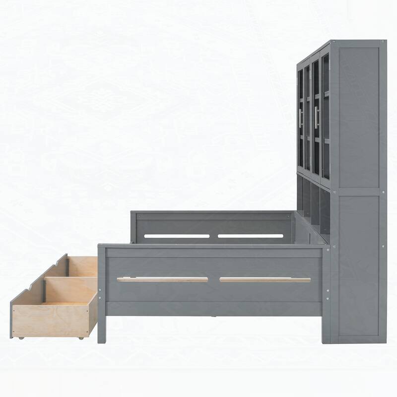 Wooden Daybed with Glass-Door Storage Cabinets and Built-in LED Lighting