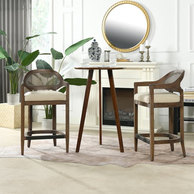 Americana Mid-Century Modern Rattan Cane Back Counter and Bar Stool - Set of 2 - Taupe Beige Textured Weave - Counter Height