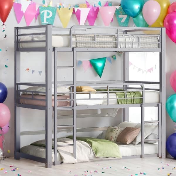 slide 2 of 10, Twin Size Metal Triple Bunk Bed,Space Saving,No Box Spring Required,Easy Assembly,Silver White