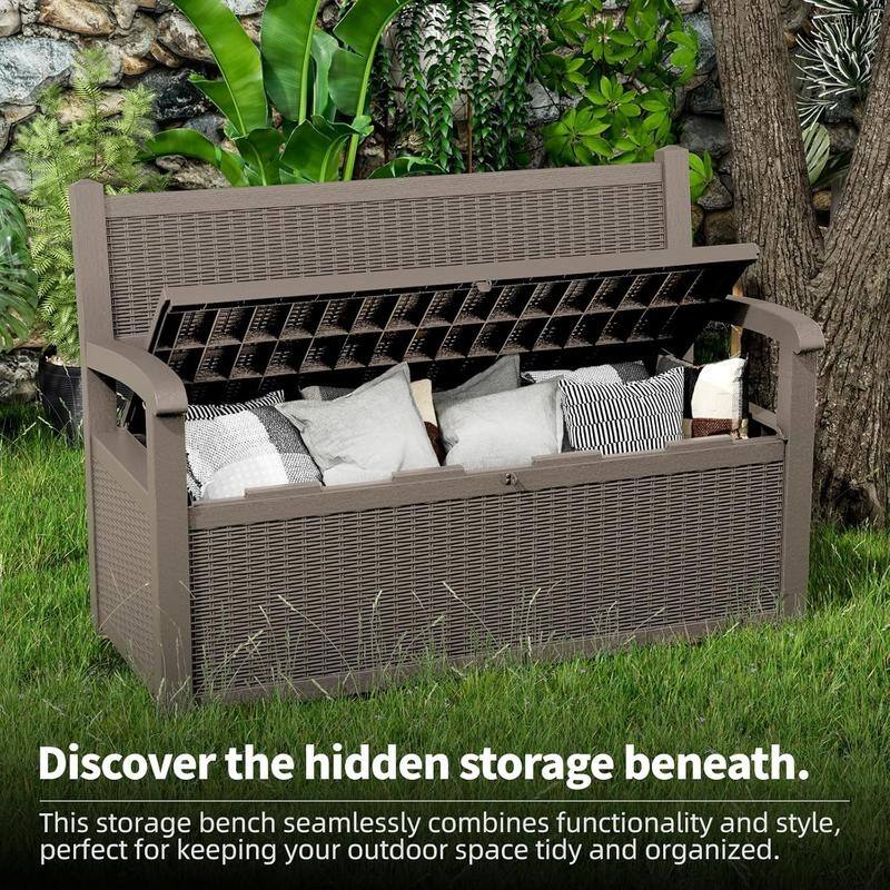 All-Weather Resin Storage Bench with Lockable Hidden Compartment - Rattan-Look Design, 500 lbs Capacity, 70-Gallon Storage