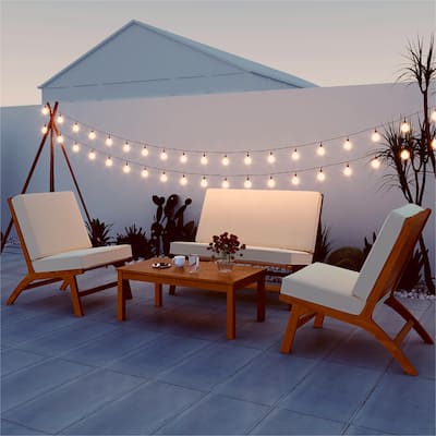 V-Shaped Seats Set, Acacia Solid Wood Outdoor Sofa, Comfortable Cushions, Table Cover