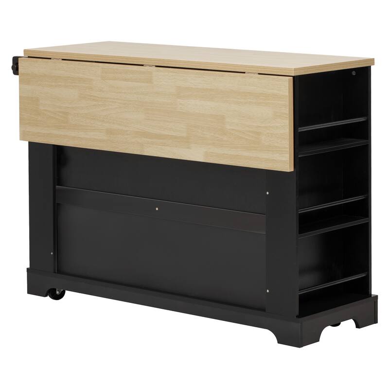 Rolling Kitchen Island Cart on 5 Wheels with 6 Drawers, 5 Open Side Racks, Pull Out Trash Can Storage, Drop Leaf, Power Outlet