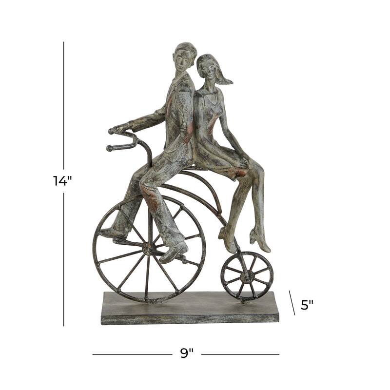 Gray Polystone People Sculpture with Bike - 9 x 5 x 13