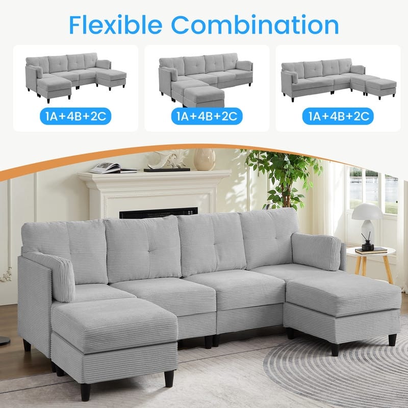 Mixoy W89inch U-Shaped Corduroy Sectional Sofa with Reversible Ottoman,Upholstered 4-Seater Sofa