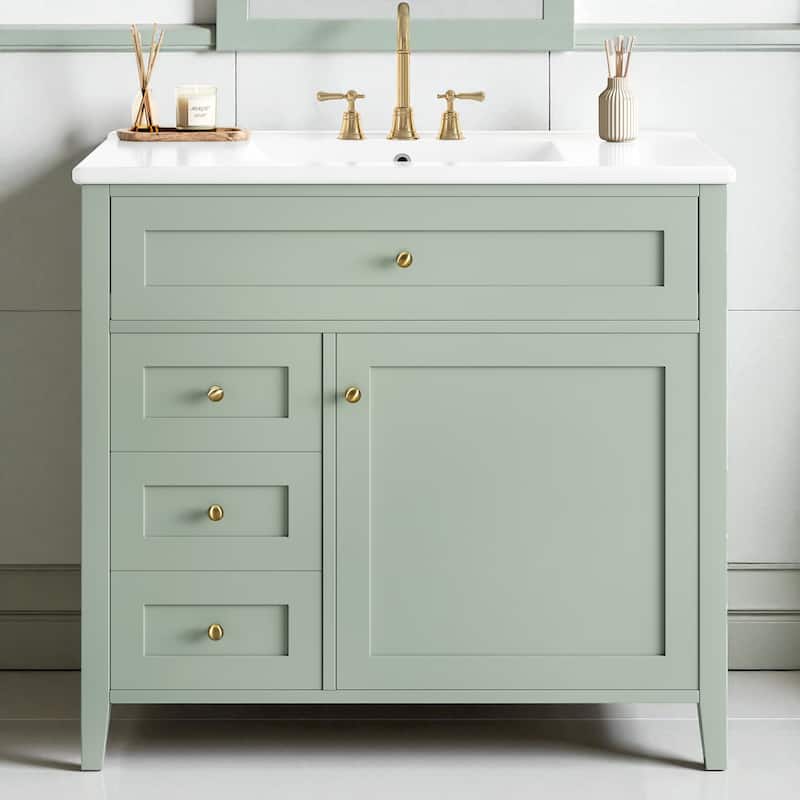 36-Inch Bathroom Vanity with Sink, MDF and Solid Wood Cabinet, 3 Drawers and Adjustable Shelf, Freestanding Design - Green