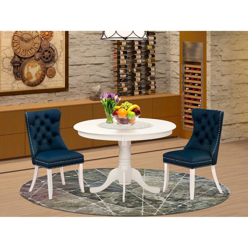 3-Piece Linen White Finish Solid Wood Top-Round Upholstered Dining Room Set-Seats 4