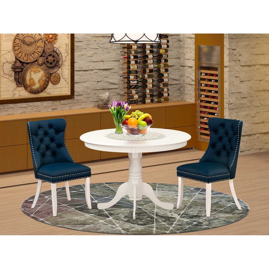3-Piece Linen White Finish Solid Wood Top-Round Upholstered Dining Room Set-Seats 4