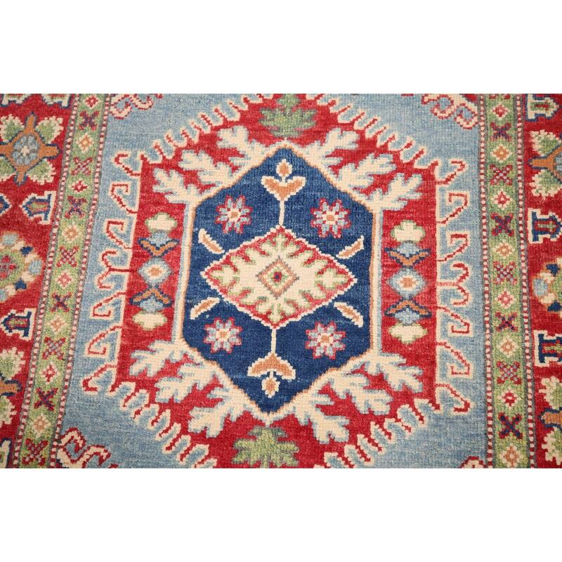 Light Blue Geometric Kazak Rug Entryway Hand-Knotted Wool Carpet - 3'1" x 4'11"
