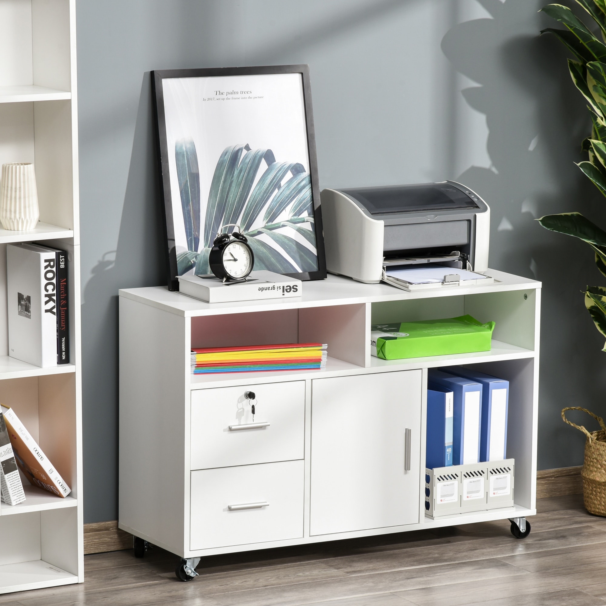 HOMCOM Printer Stand: Mobile Office Cabinet Organizer with Wheels and Drawer, White