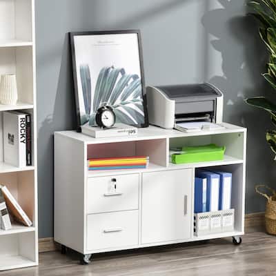 HOMCOM Printer Stand: Mobile Office Cabinet Organizer with Wheels and Drawer, White