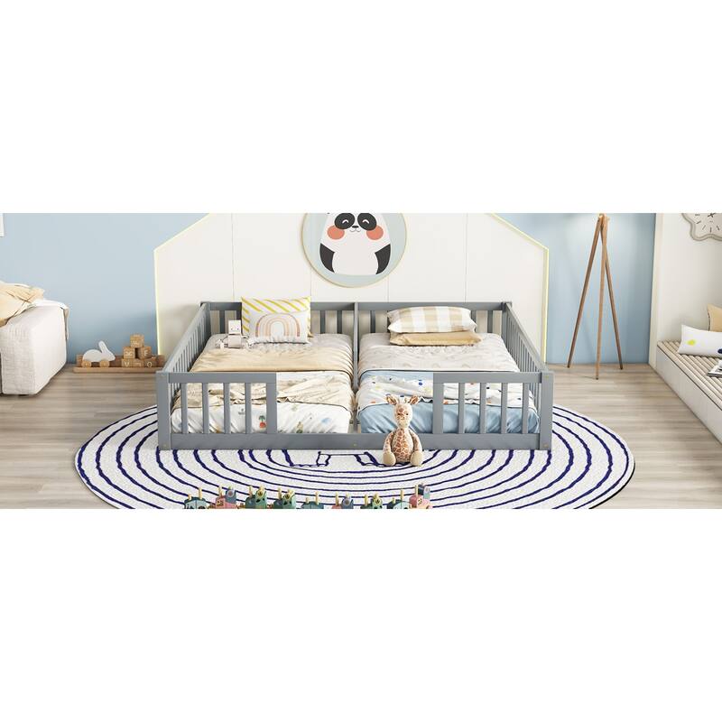 Roomfitters Double Twin Floor Bed Frame with Fence and Guardrails, Low Profile Shared Platform Bed, No Door Design