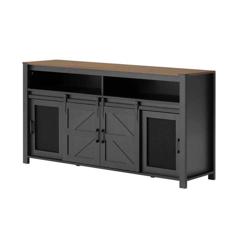 59.3" Sideboard with Sliding Barn Door and Mesh Panels,Farmhouse Buffet with Open Storage,Suitable for Living Room, Hallway